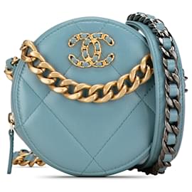 Chanel-Chanel Blue Lambskin 19 Round Clutch With Chain-Blue,Light blue