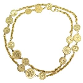 Chanel-VINTAGE CHANEL NECKLACE LOGO MEDALLIONS NECKLACE 131 CM METAL GOLDEN NECKLACE-Golden