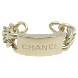 Chanel-BRACELET CHANEL MANCHETTE JONC CHAINE GOURMETTE LOGO EN METAL DORE BANGLE-Doré