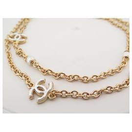 Chanel-NEUF COLLIER CHANEL SAUTOIR LOGO CC NACRE 85-88 METAL DORE GOLDEN NECKLACE-Doré