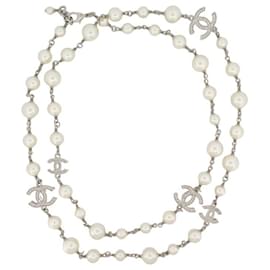 Chanel-NEUF COLLIER CHANEL SAUTOIR PERLES LOGO CC ARGENTE 102-104 PEARLS NECKLACE-Argenté