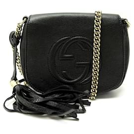 Gucci-GUCCI SOHO CHAIN SMALL HANDBAG 323190 BLACK SEEDED LEATHER SHOULDER BAG-Black