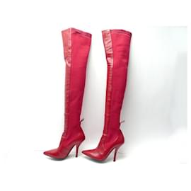 Fendi-NEUF BOTTES FENDI CUISSARDES ROCKOKO CUIR TOILE ROUGE 40 NEW CANVAS BOOTS-Rouge