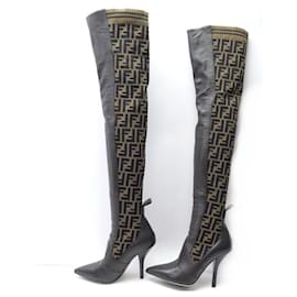 Fendi-NEW FENDI ROCKOKO OVER-THE-KNOCK BOOTS LEATHER CANVAS MONOGRAM FF 40 BOOTS-Brown