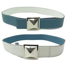 Hermès-Hermes T belt90 MEDOR BUCKLE REVERSIBLE LINK EPSOM BLUE WHITE LEATHER BELT-Other