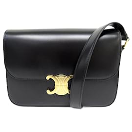 Céline-NEW CELINE TRIOMPHE HANDBAG 187363 BLACK LEATHER BLACK PURSE CROSSBODY-Black