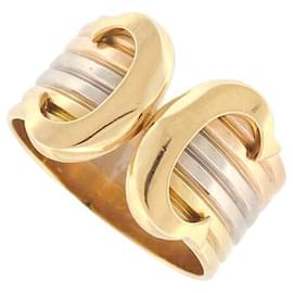 Cartier-VINTAGE CARTIER lined C RING IN 3 YELLOW GOLD ROSE WHITE 18K 56 TRIPLE GOLD RING-Golden