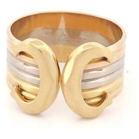Cartier-VINTAGE CARTIER lined C RING IN 3 YELLOW GOLD ROSE WHITE 18K 56 TRIPLE GOLD RING-Golden