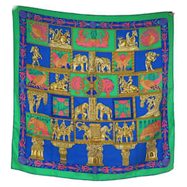 Hermès-HERMES TORANA SQUARE SCARF 90 CM ANNIE FAIVRE GREEN SILK BLUE SILK SCARF-Green