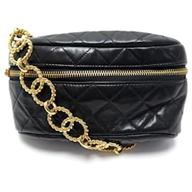 Chanel-VINTAGE SAC CHANEL CEINTURE BANANE EN CUIR MATELASSE NOIR LEATHER BELT FANNY BAG-Noir