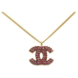 Chanel-Chanel Rhinestone CC Logo Pendant Necklace Metal Necklace in Good condition-Golden