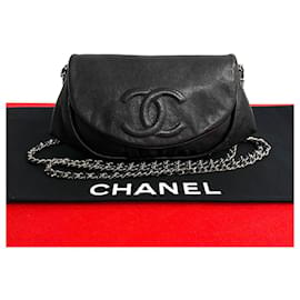 Chanel-Sac à bandoulière en cuir portefeuille avec chaîne demi-lune Chanel 12 en bon état-Noir