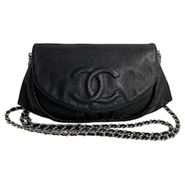 Chanel-Sac à bandoulière en cuir portefeuille avec chaîne demi-lune Chanel 12 en bon état-Noir