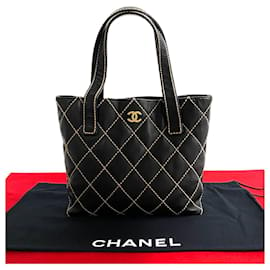 Chanel-Chanel Matelasse Wild Stitch Coco Mark Leather Tote Bag Leather Tote Bag 36651 in Very Good Condition-Black