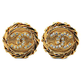 Chanel-Boucles d'oreilles clip CC Chanel strass Boucles d'oreilles en métal en bon état-Doré