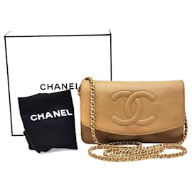 Chanel-Portefeuille sur chaîne à rabat simple en cuir de caviar Chanel avec double CC-Beige