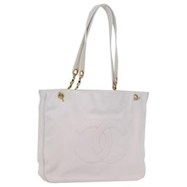 Chanel-CHANEL COCO Mark Chain Tote Bag Caviar Skin White CC Auth bs14729-White