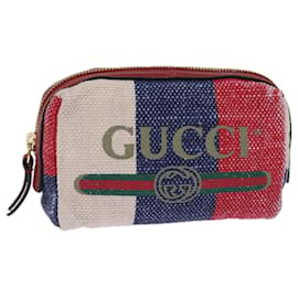 Gucci-GUCCI Sherry Line Pouch Canvas Red Navy Auth 77003-Red,Navy blue