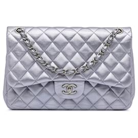 Chanel-Purple Chanel Jumbo Classic Metallic Calfskin Double Flap Shoulder Bag-Purple