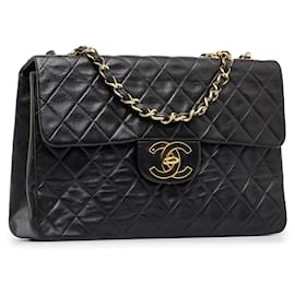 Chanel-Sac à bandoulière à rabat doublé en cuir d'agneau Chanel Maxi Classic noir-Noir