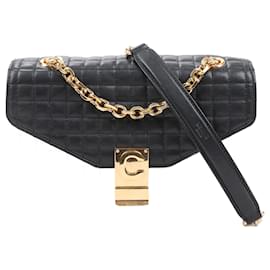 Céline-Celine C Sées Medium Leather Chain Shoulder Bag Black × White-Black