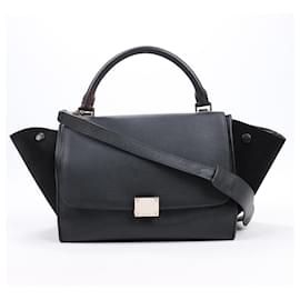 Céline-CELINE Petit Trapèze Cuir x Daim 2way Sac à main en Noir-Noir