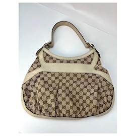 Gucci-GUCCI Monogram GG Queen White Hobo Bag-Brown