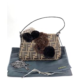 Fendi-FENDI Zucchino Mini Mama Baguette Bag Rabbit Embellishments RARE-Brown