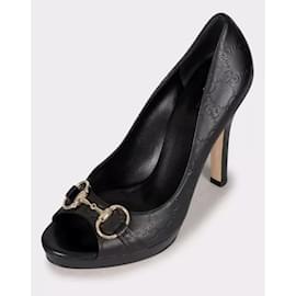 Gucci-Gucci Guccissima GG monogram black leather horsebit peep toe pumps-Black