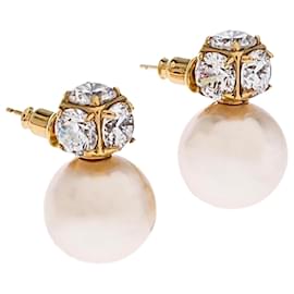 Carolina Herrera-CH Carolina Herrera Crystal & Faux Pearl Gold Plated Drop Earrings-Cream,Gold hardware