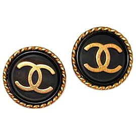 Chanel-Boucles d'oreilles à clip CHANEL avec logo CC entrelacé de 1995-Noir,Doré