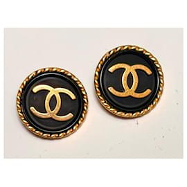 Chanel-CHANEL Interlocking CC clip-on button earrings from 1995-Black,Golden