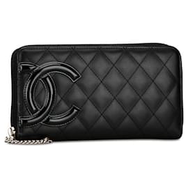 Chanel-Portefeuille zippé en cuir matelassé Chanel Cambon Portefeuille long en cuir en bon état-Noir