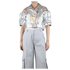 Simone Rocha Silver cutout distressed leather jacket - size UK 8 Silvery