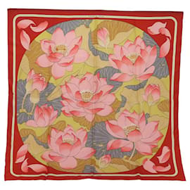 Hermès-HERMES CARRE 90 Scarf �hFLEURS DE LOTUS�h Silk Red Auth bs14588-Red