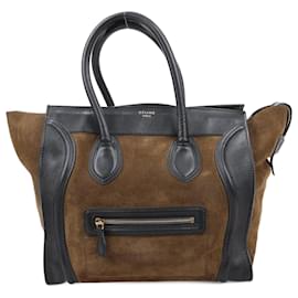 Céline-CELINE Luggage Mini Leather & Suede Handbag in Black x Khaki-Brown