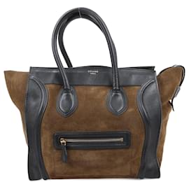 Céline-Sac à main en cuir et daim Mini Luggage CELINE en noir et kaki-Marron