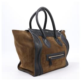 Céline-CELINE Luggage Mini Leather & Suede Handbag in Black x Khaki-Brown