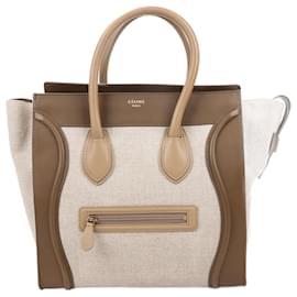 Céline-Celine Calfskin Linen Tri-Color Mini Luggage Handbag in Khaki-Beige