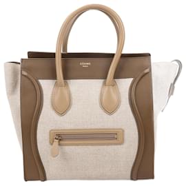 Céline-Sac à main mini Luggage en cuir de veau et lin tricolore Celine en kaki-Beige