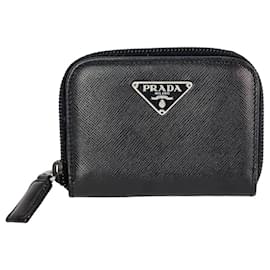 Prada-Prada Black Saffiano Leather Triangle Compact Zip Around Wallet-Black