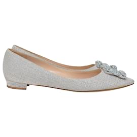 Manolo Blahnik-Manolo Blahnik Hangisi Flats in Silver Viscose Lurex-Grey