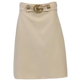 Gucci-Gucci GG Buckle Knee-Length Skirt in White Wool-White,Cream