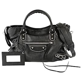 Balenciaga-Balenciaga Le City Metallic Medium shoulder bag in black leather-Black