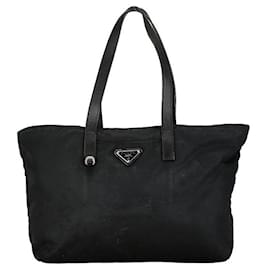 Prada-Prada Nylon Leather Triangle Logo Plate Handbag in Good Condition-Black