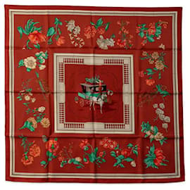 Hermès-Hermes Carre 90 Quai aux fleurs Cotton Scarf in Excellent condition-Red