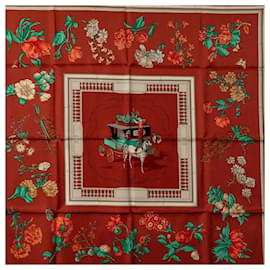 Hermès-Hermes Carre 90 Quai aux fleurs Cotton Scarf in Excellent condition-Red