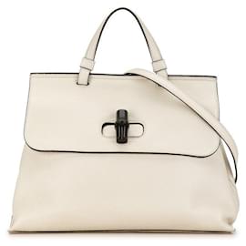 Gucci-Gucci Bamboo Daily Hand Bag Leather Handbag 392013 in Good condition-White