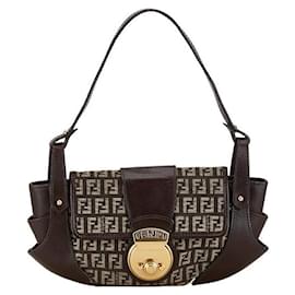 Fendi-Sac à épaule en toile et cuir Fendi Zucchino 8BR429 en bon état-Marron