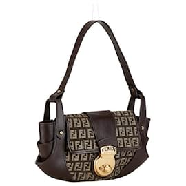 Fendi-Fendi Zucchino Canvas & Leather Shoulder Bag Canvas Shoulder Bag 8BR429 in Good condition-Brown